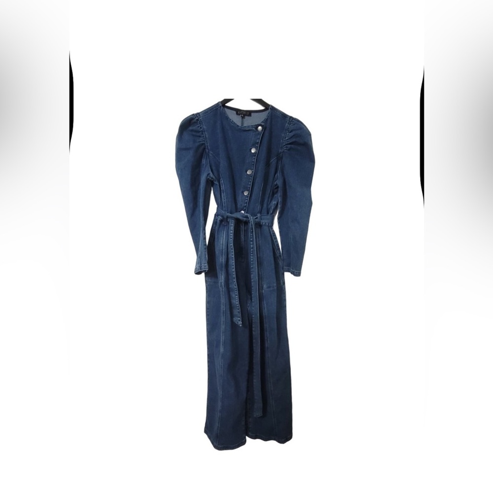 Eloquii Wide Leg Denim Jumpsuit 18 Blue Puff Sleeve Belt Asymmetric Cottagecore